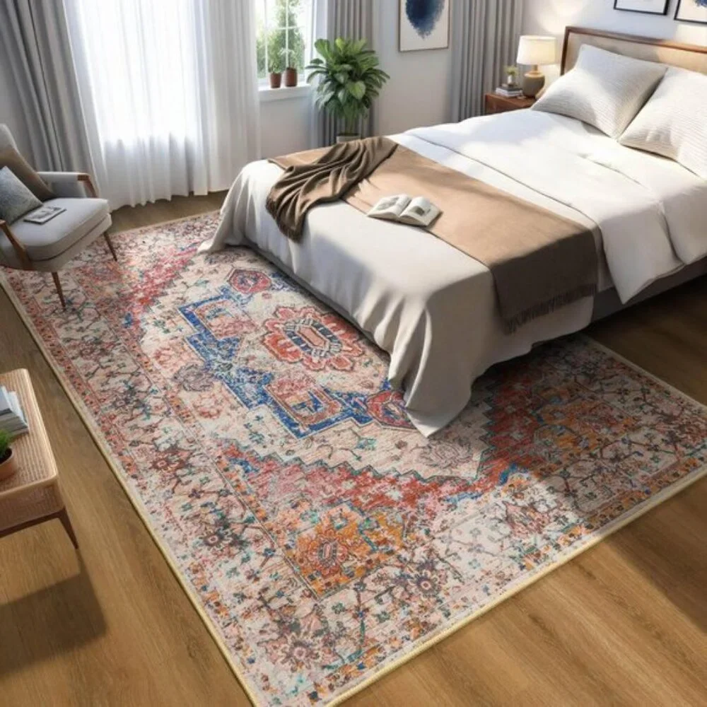 New 5x8 Orange Area Rug, Washable Low Pile Vintage Carpet for Room Decor